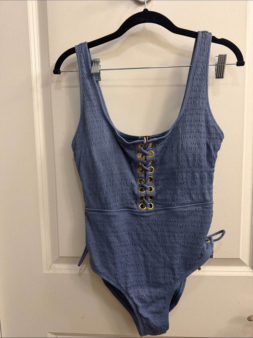 Blue Textured Lace-Up One-Piece Swimsuit
